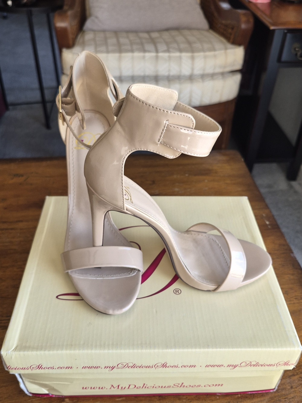 Women's Nude Patent Ankle-Strap Heels